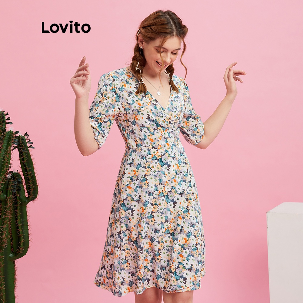  Đầm Lovito tay phồng cổ chữ V in hoa dễ thương thời trang cho nữ L10178 (Màu be)