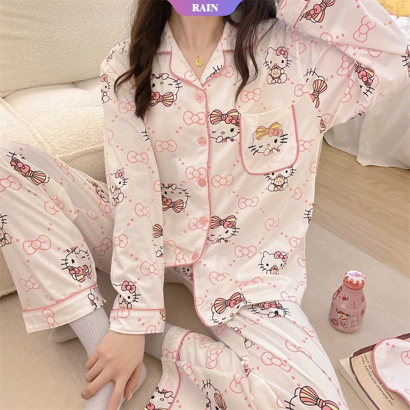 SANRIO Bộ Đồ Ngủ Pijama Tay Dài Mềm Mại In Họa Tiết Hoạt Hình Dễ Thương Thời Trang Xuân Thu Cho Nữ