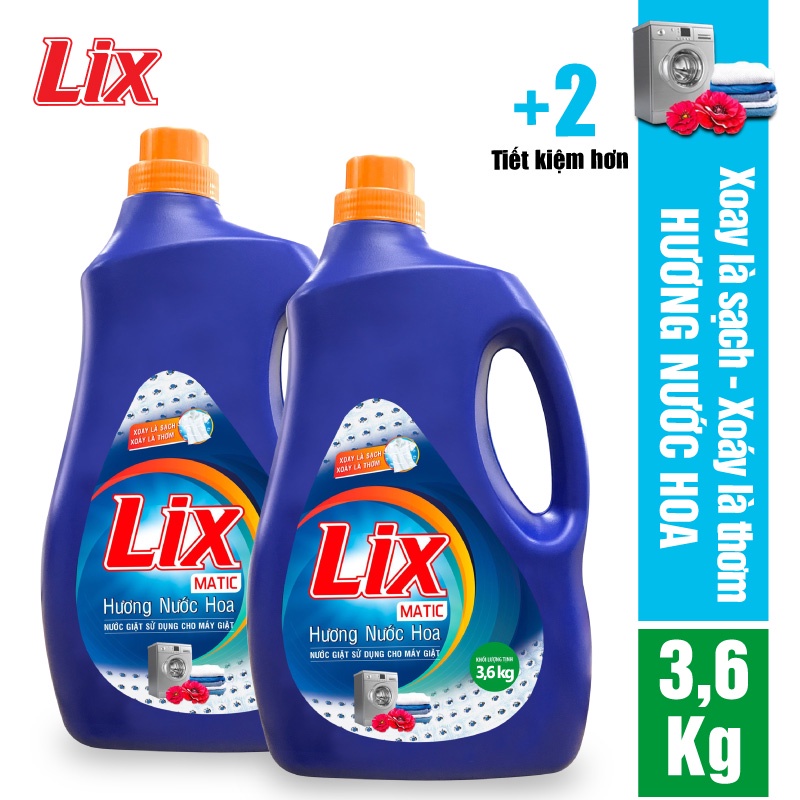 Bộ 2 chai nước giặt Lix Matic hương nước hoa 3.6Kg/ chai - Dùng cho máy giặt cửa trước - 2C-NGM39