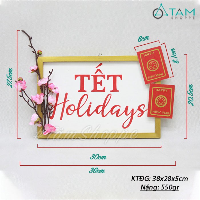 [VẼ TAY] Bảng treo cửa Tết gỗ 2 thẻ đỏ handmade hoa đào T-BTC-06