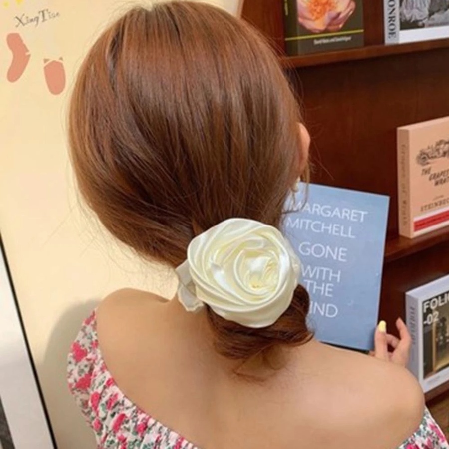 Dây buộc tóc co giãn vải satin họa tiết hoa hồng sang trọng cho nữ