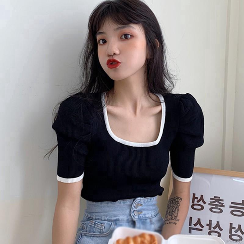 Áo Croptop Dệt Kim Tay Ngắn Cổ Vuông Phong Cách Hàn Quốc
