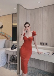 Đầm body cúp trơn tay phồng