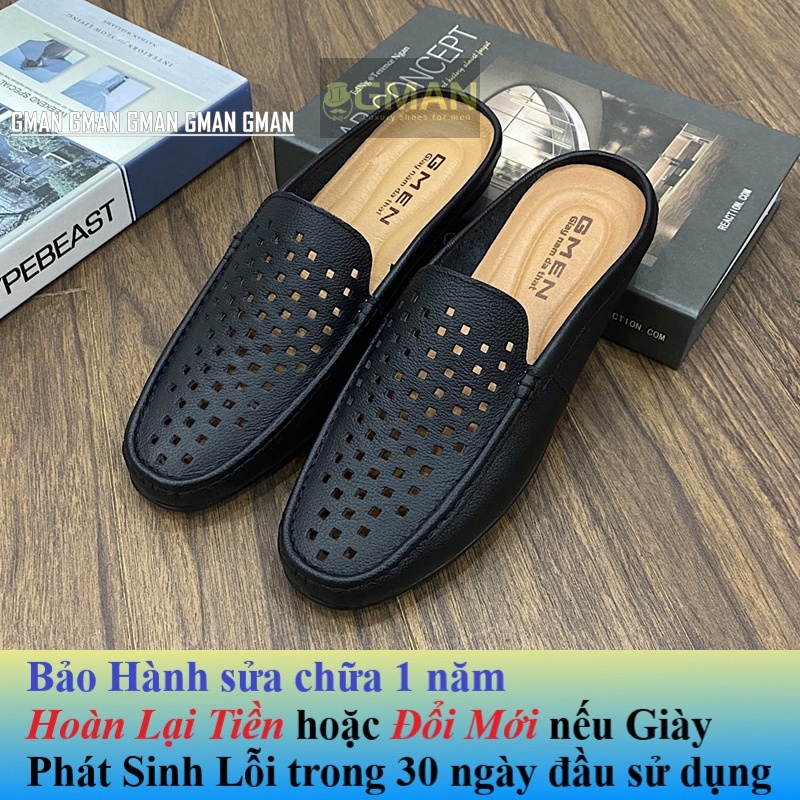 Giày sục nam da thật có lỗ thoáng khí đế cao su êm chân khâu chỉ bảo hành 12 tháng TK0100