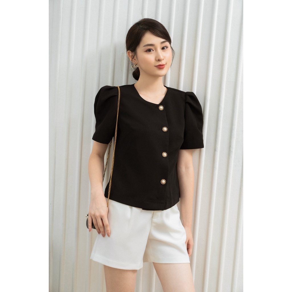 Áo cổ tròn tay bồng cúc lệch TIINSTORE AHN367