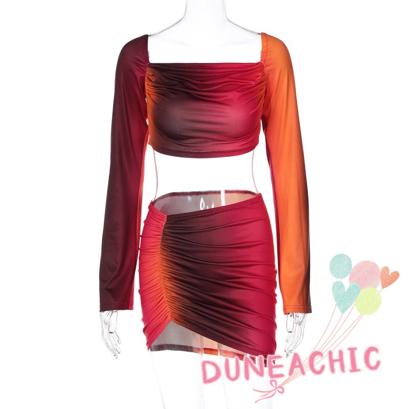 Set Áo Thun Lửng Tay Dài Nhuộm Màu Phối Chân Váy Xếp Ly Lưng Cao Thời Trang 2 Món Phong Cách Trẻ Trung Cho Nữ