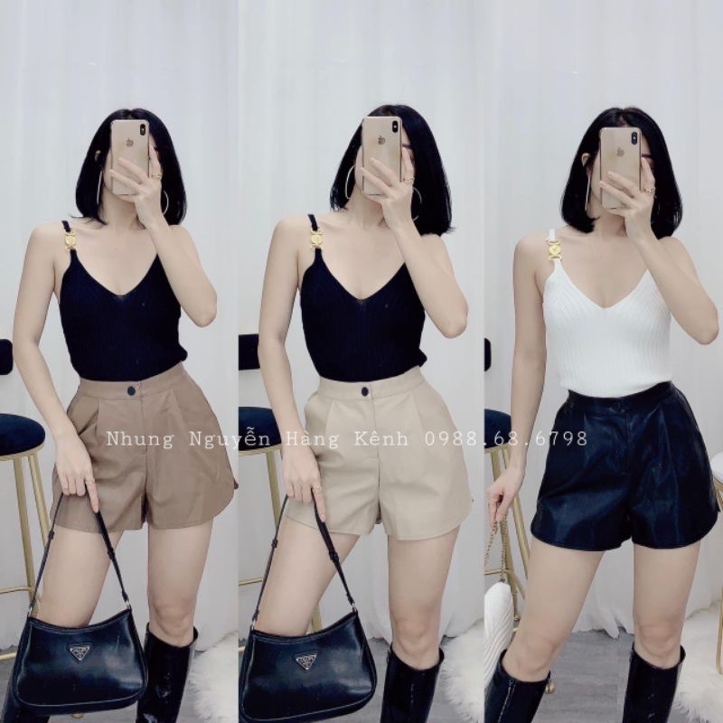 Quần sooc da trơn cạp chun sau hàng QC