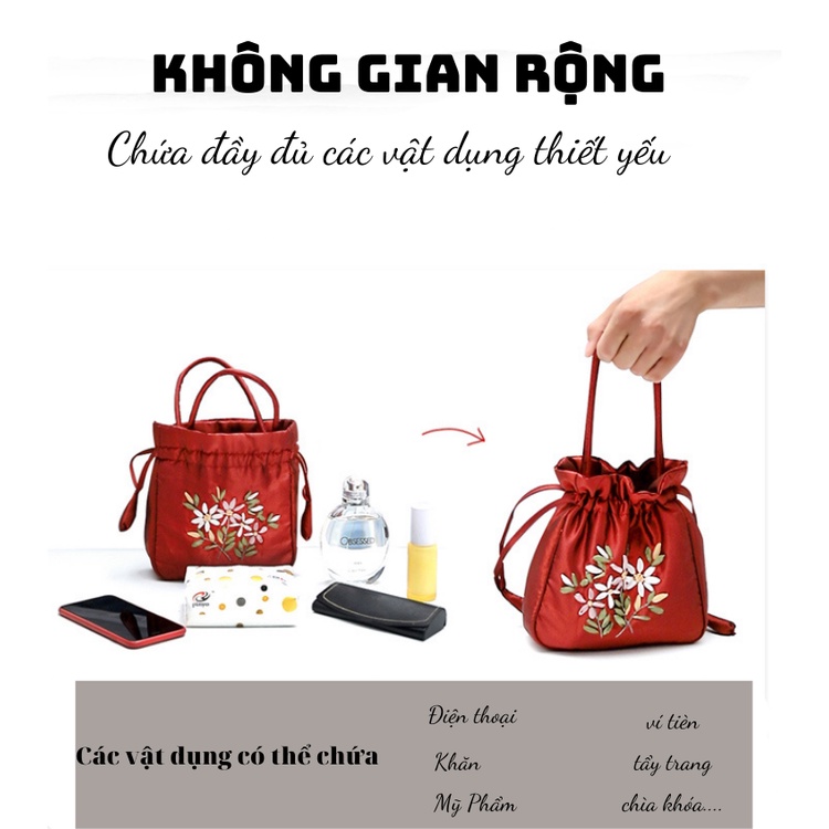 Túi Xách Cầm Tay Thêu Hoa Có Dây Rút Phong Cách Cổ Điển, Sang Trọng Cho Nữ Giới, 2N001 2 Ngân Shop