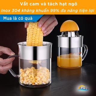 Dụng Cụ Vắt Cam Inox 304 Cao Cấp - Kèm Lưới Lọc Tinh Khiết, Thủy Tinh Borosilicat, Đa Năng Tách Hạt Ngô, Dung Tích 600ml