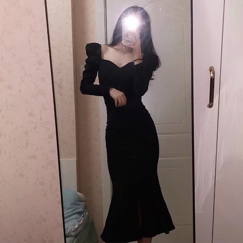 Đầm nữ dài tay cổ tròn thời trang Hàn