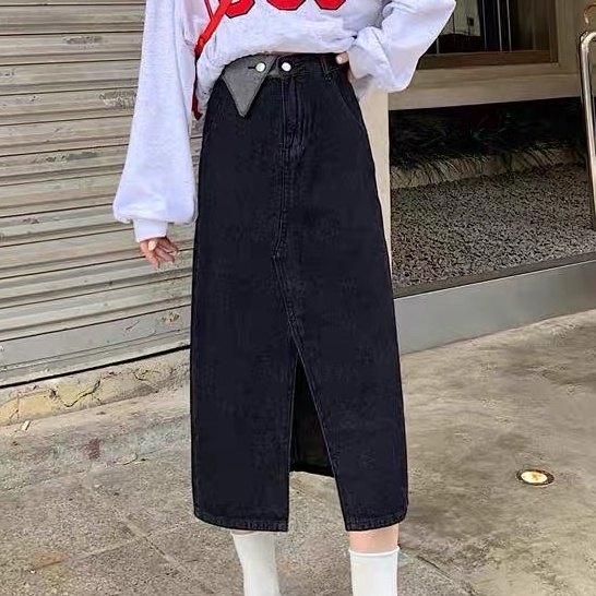Chân váy jean kaki dáng dài, chân váy dài cạp cao hai màu xanh đen_A15