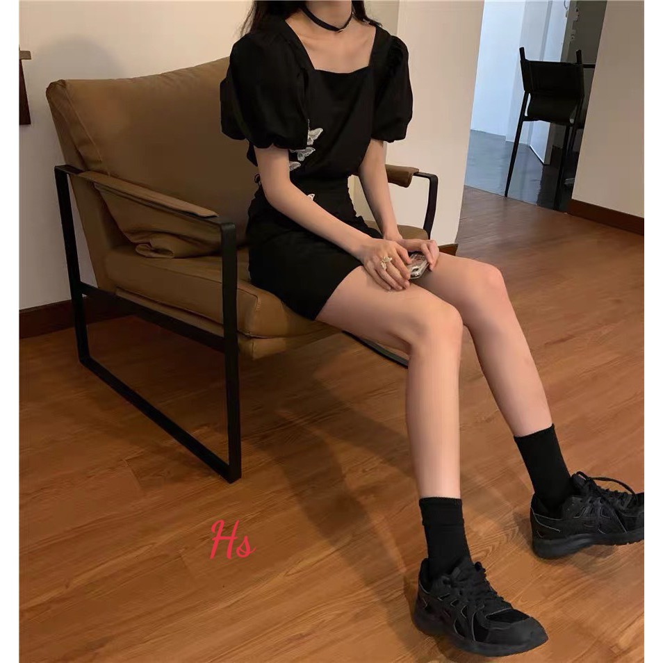 [ Mã FAMAYWA2 giảm 10K đơn 50K] Bộ Chân Váy Nữ Áo Cổ Vuông In Bướm 🦋FREESHIP🦋 Set Áo Váy Nữ Ngắn Màu Đen | BigBuy360 - bigbuy360.vn