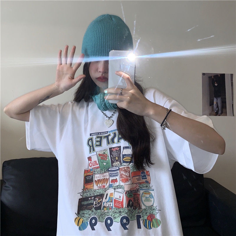 COZOK Áo Thun Tay Ngắn Form Rộng In Họa Tiết Thời Trang Harajuku