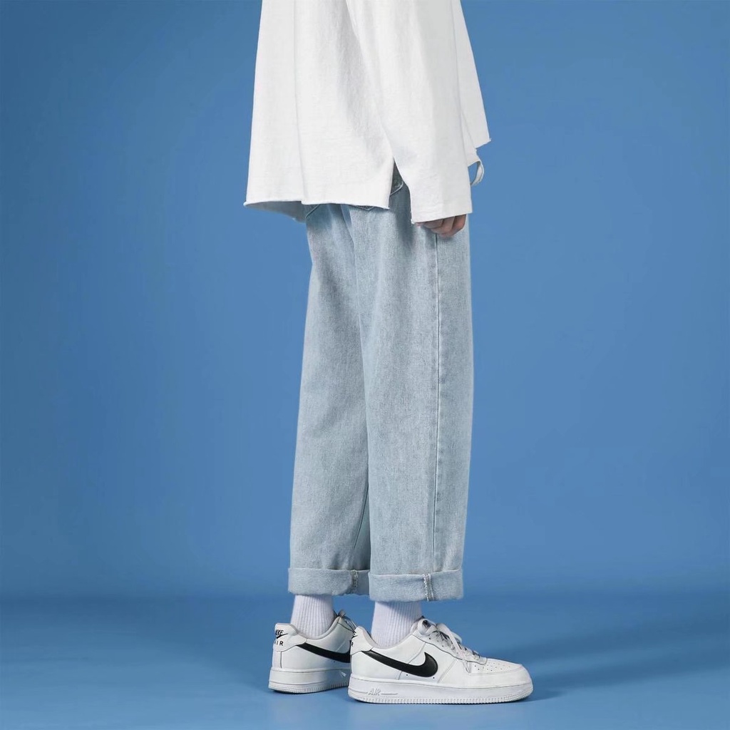 Quần Jeans Trơn Dáng Suông Rộng Thoải Mái Phong Cách Thời Trang Hàn Quốc Cho Nam Giới Có size S-5XL