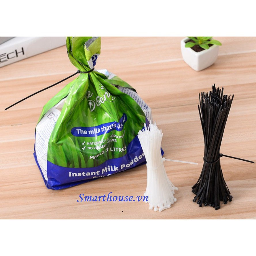 Set 100 dây thít bằng nylon đầu khóa zip nhanh màu trắng/đen tiện dụng