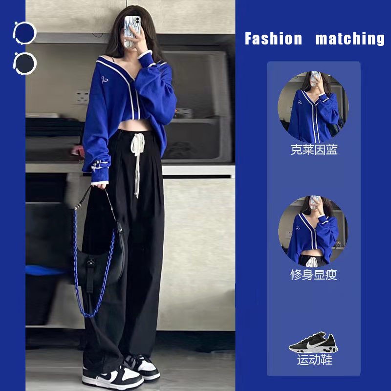 Set áo khoác cardigan màu xanh dương và quần ống rộng thời trang cho nữ