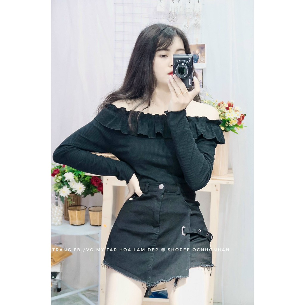 Áo kiểu trễ vai viền bèo tay dài ôm body xinh xinh , chất thun gân mềm mịn