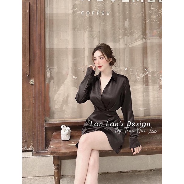 ĐẦM SƠ MI LỤA NHÚN EO TRẮNG ĐEN