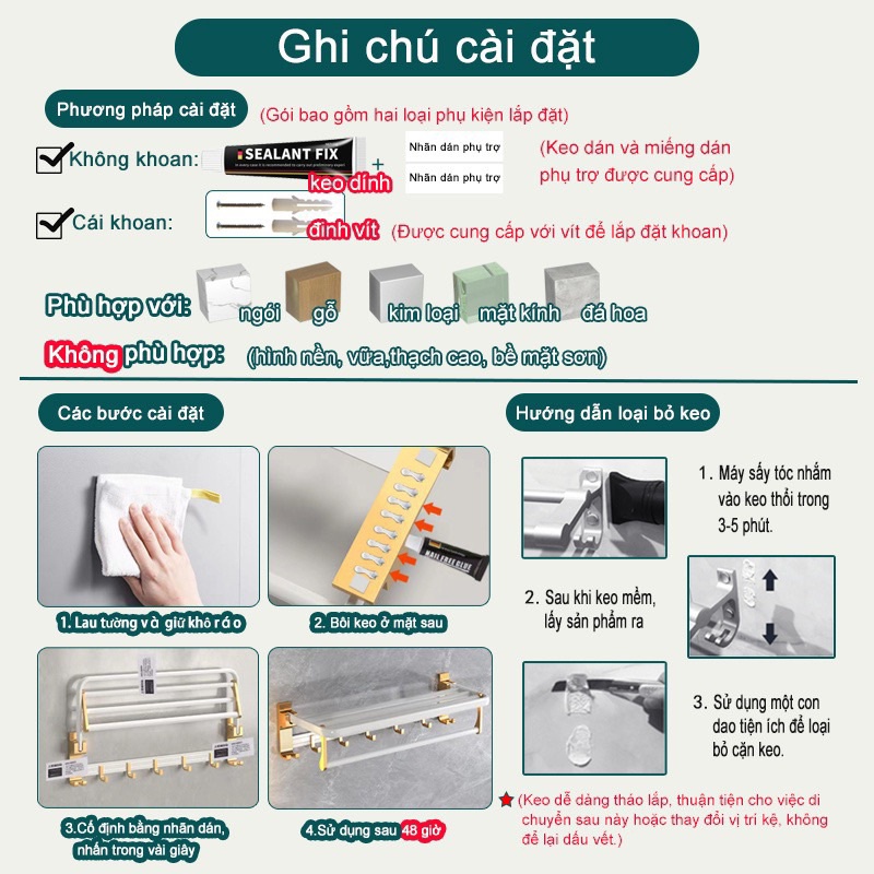 Phụ kiện nhà tắm dán tường Richter có thể gập 90 độ kèm 5 móc áo di chuyển chất liệu hợp kim nhôm phun sơn tĩnh điện