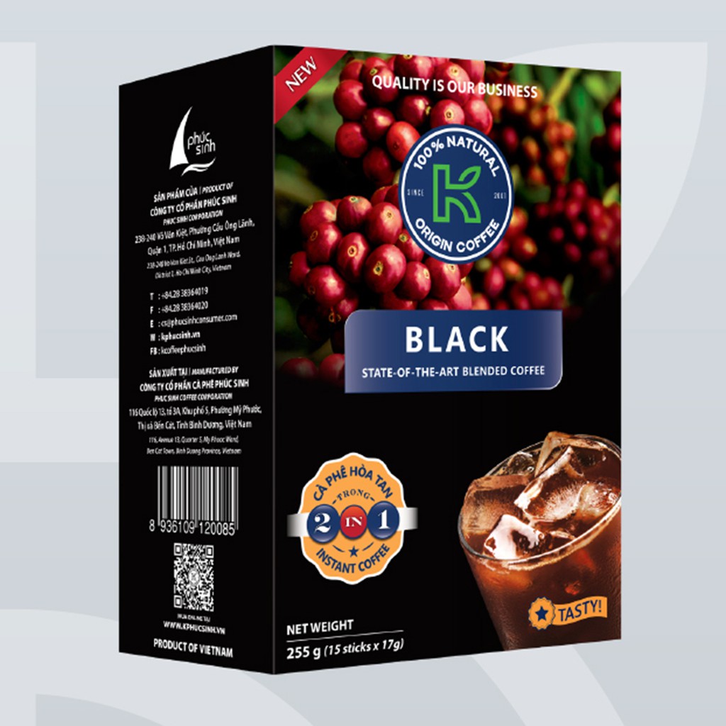 Cà Phê Hòa Tan K Coffee Black 2in1 (255g / Hộp), Cà Phê Phúc Sinh