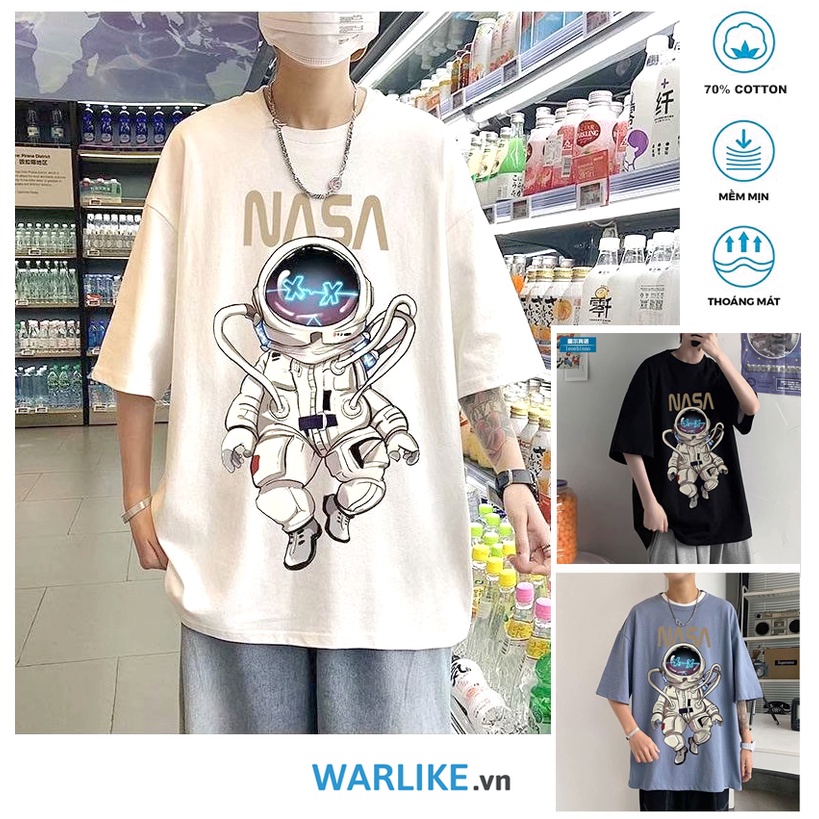 Áo Thun Nam Cổ Tròn Form Rộng Streetwear, Áo Phông Unisex Basic Cotton Oversize In Phi Hành Gia NASA