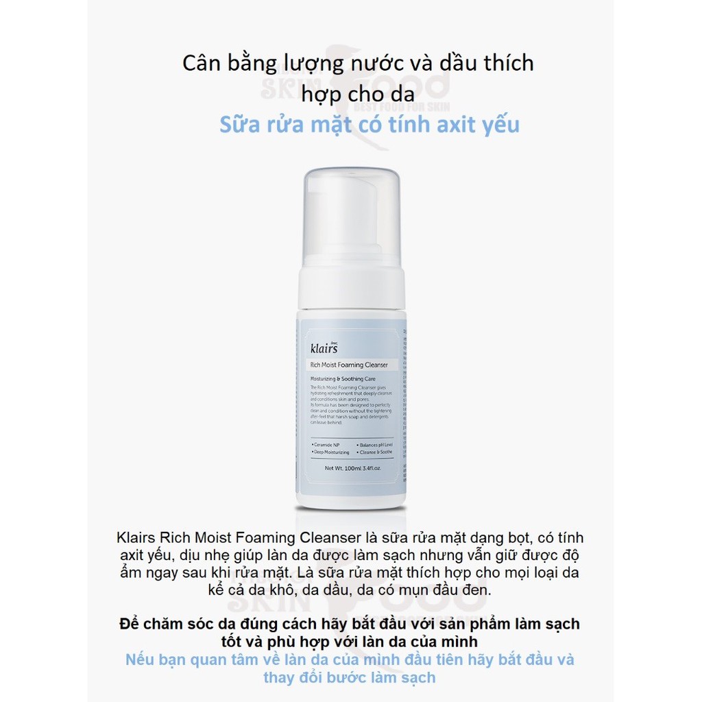 Sữa Rửa Mặt Tạo Bọt Dưỡng Ẩm, Dịu Nhẹ Klairs Rich Moist Foaming Cleanser 100ml