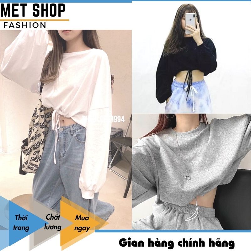 Áo Croptop Chốt Eo Chun Rút Dây Dáng Rộng- Áo Crt Tay Dài Unisex Nam Nữ Uzzlang (có quà tặng) - METSHOP