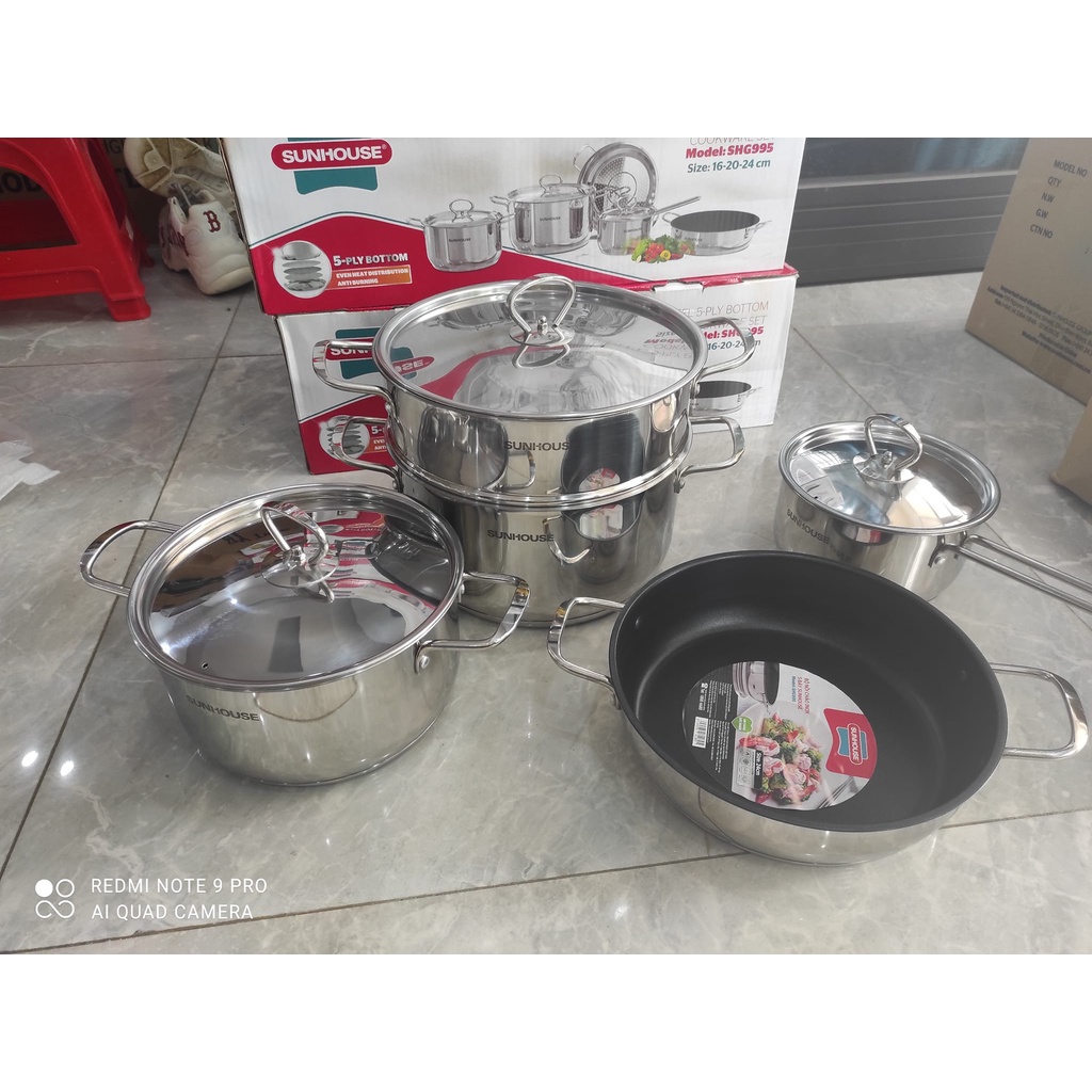 BỘ NỒI CHẢO INOX 5 ĐÁY SUNHOUSE SHG995