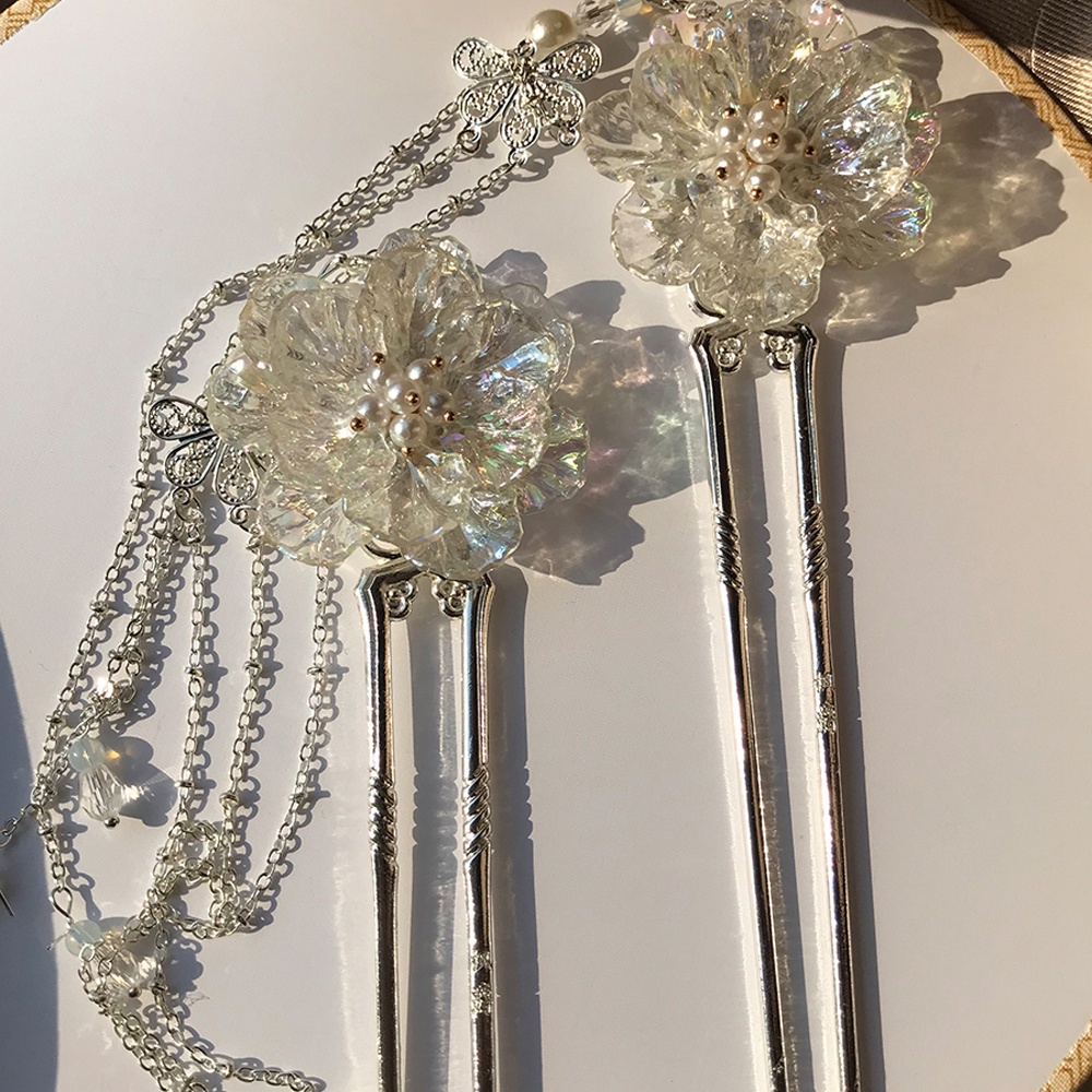 Trâm cài tóc hình chữ U phối tua rua và ngọc trai giả phong cách Trung Hoa cổ trang cho cô dâu