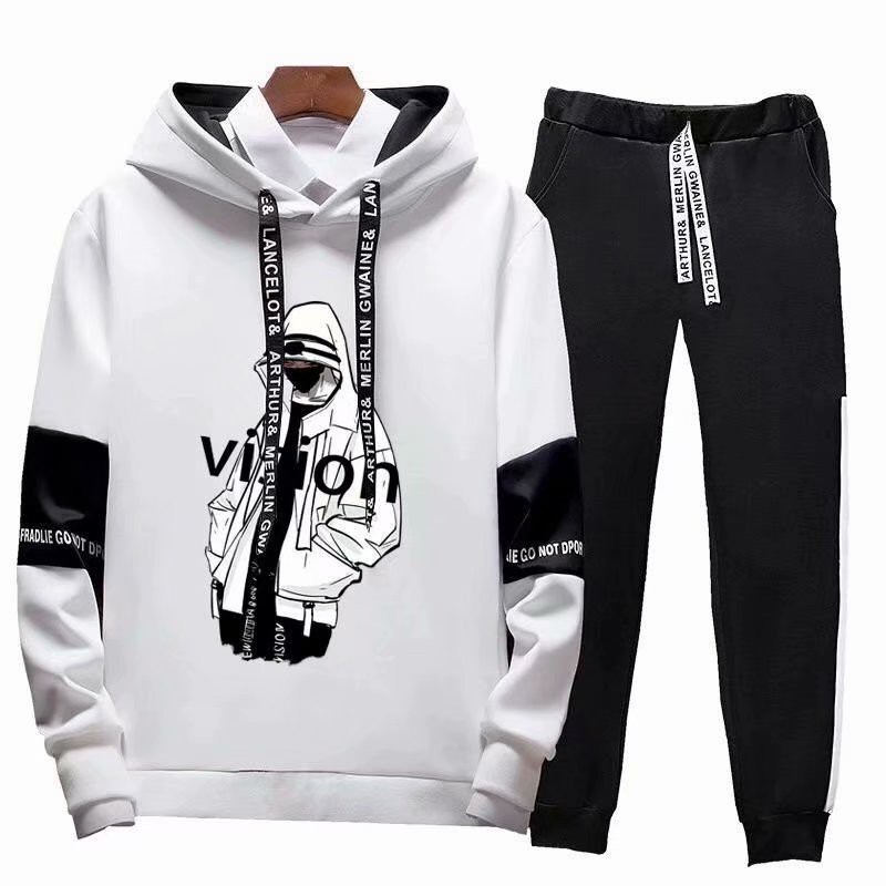 Set of long-sleeved hoodie + pants printed with European and American style, dynamic personality