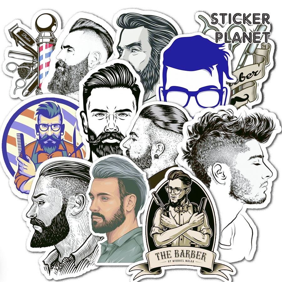 Bộ sticker trang trí mũ bảo hiểm, laptop chủ đề Barber shop tiệm cắt tóc