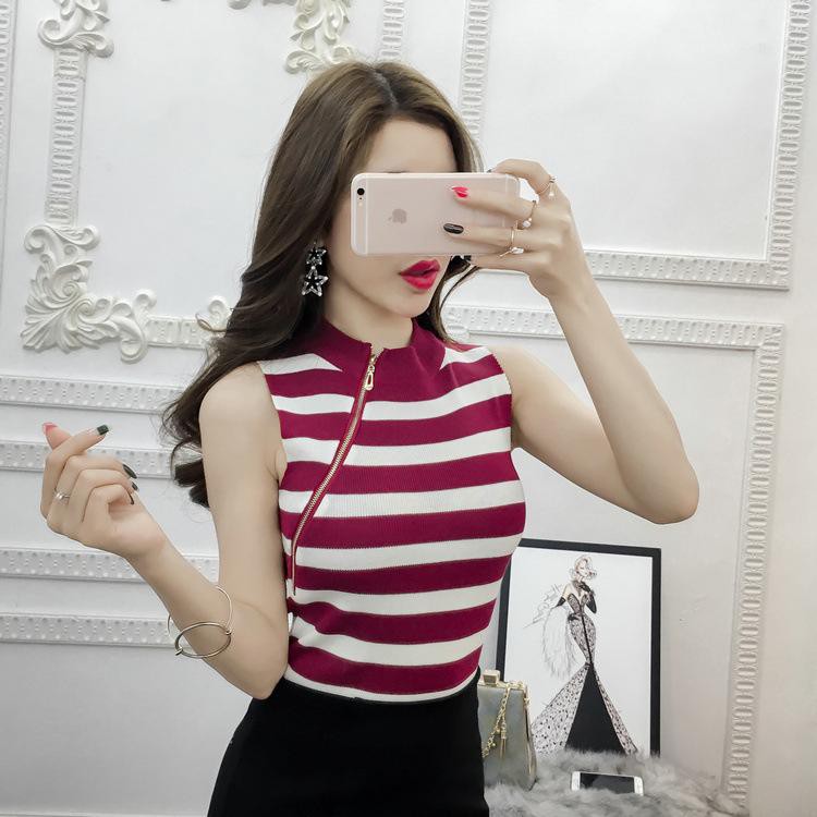 Áo len nữ khóa kéo sọc ngang Hàn Quốc, Áo sát nách nữ khóa kéo sexy dáng đẹp kiểu Hàn Quốc