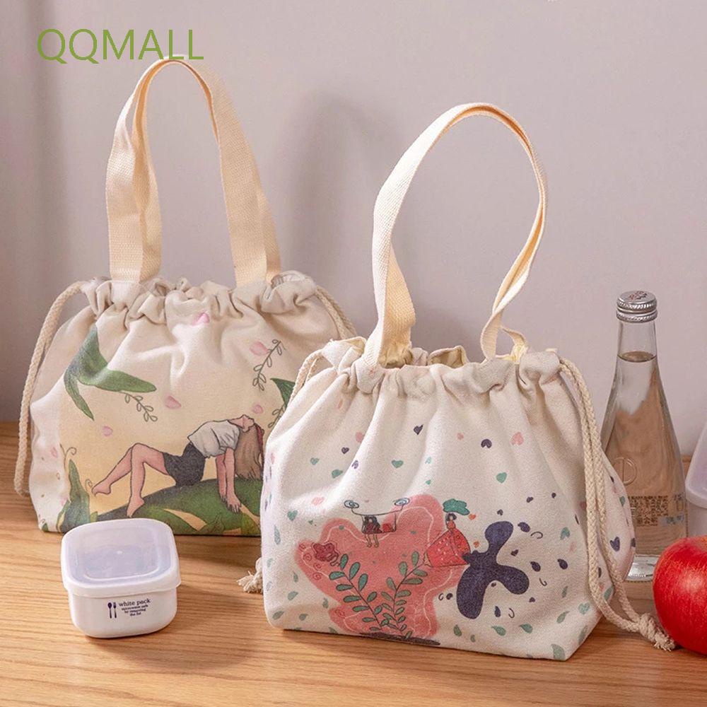 Túi đựng hộp cơm trưa giữ nhiệt bằng vải canvas chống thấm nước có dây rút cho nữ