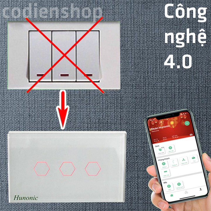 Công tắc cảm ứng [ĐIỀU KHIỂN TỪ XA] bằng điện thoại HUNONIC 3 Nút màu trắng ⚡️ WIFI + HẸN GIỜ (Công nghệ 4.0)