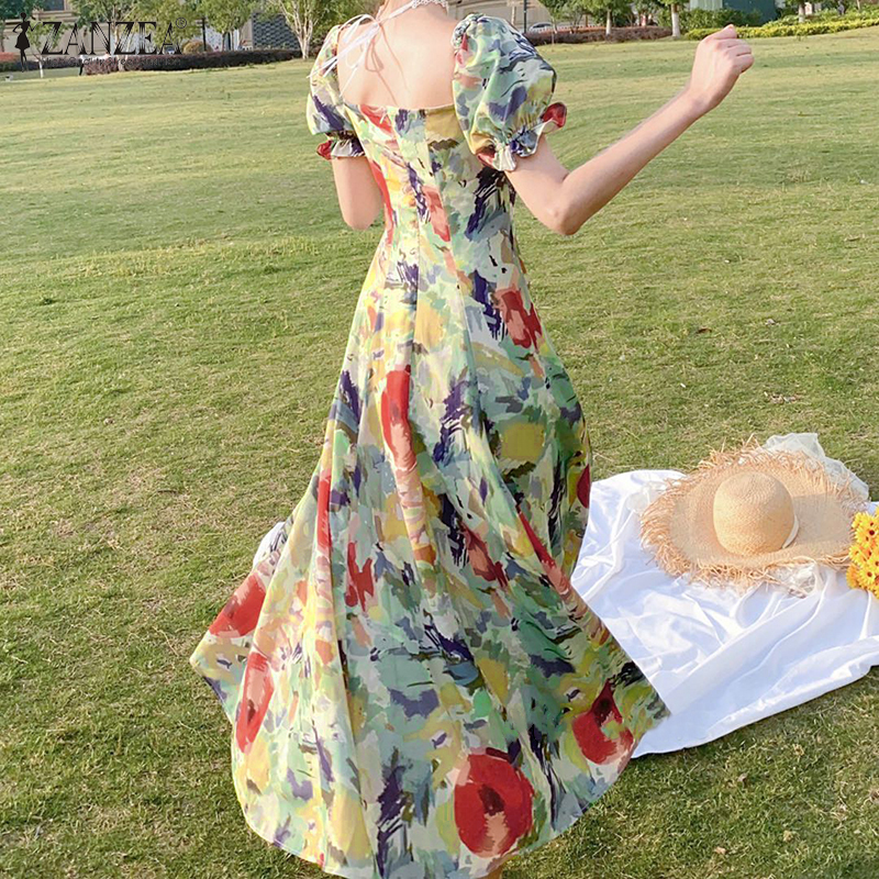 Đầm Dài ZANZEA Cổ Vuông Tay Phồng Ngắn Eo Cao Dáng Ôm Vừa Vặn Vintage Cho Nữ