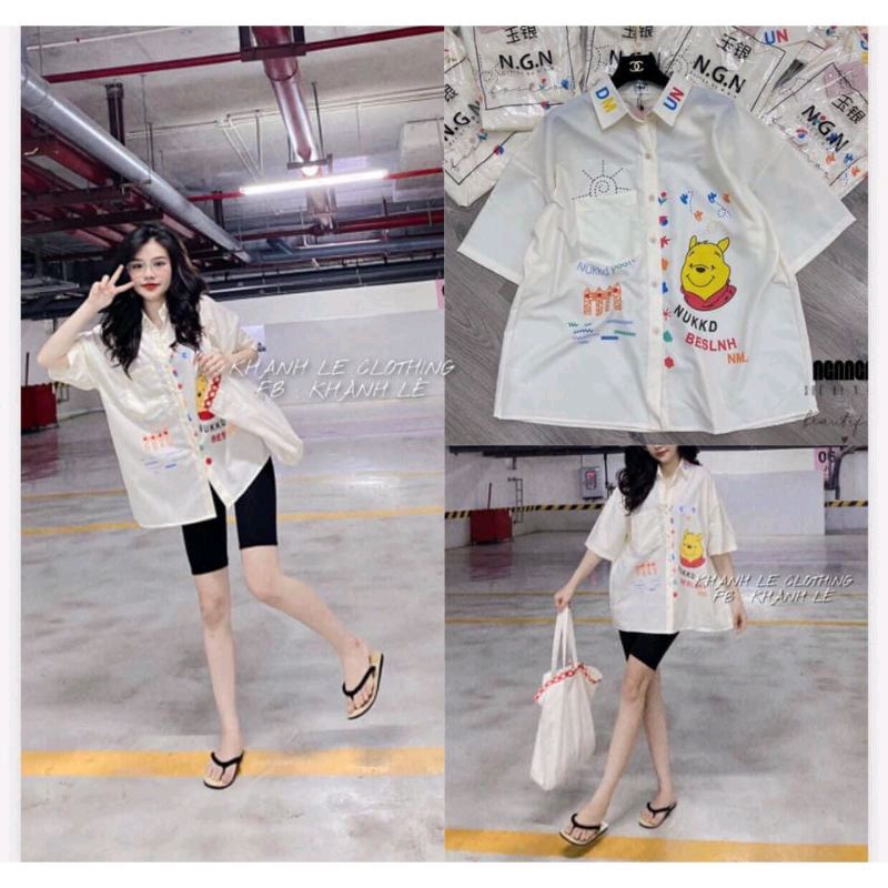 Áo sơ mi phôm rộng in hình gấu cực đáng yêu😍
