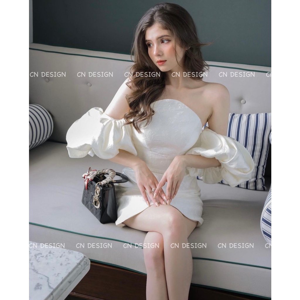 Váy Trễ Vai Tay Bồng Đầm Trắng Body Đi Tiệc Sang Trọng Có Đệm Ngực