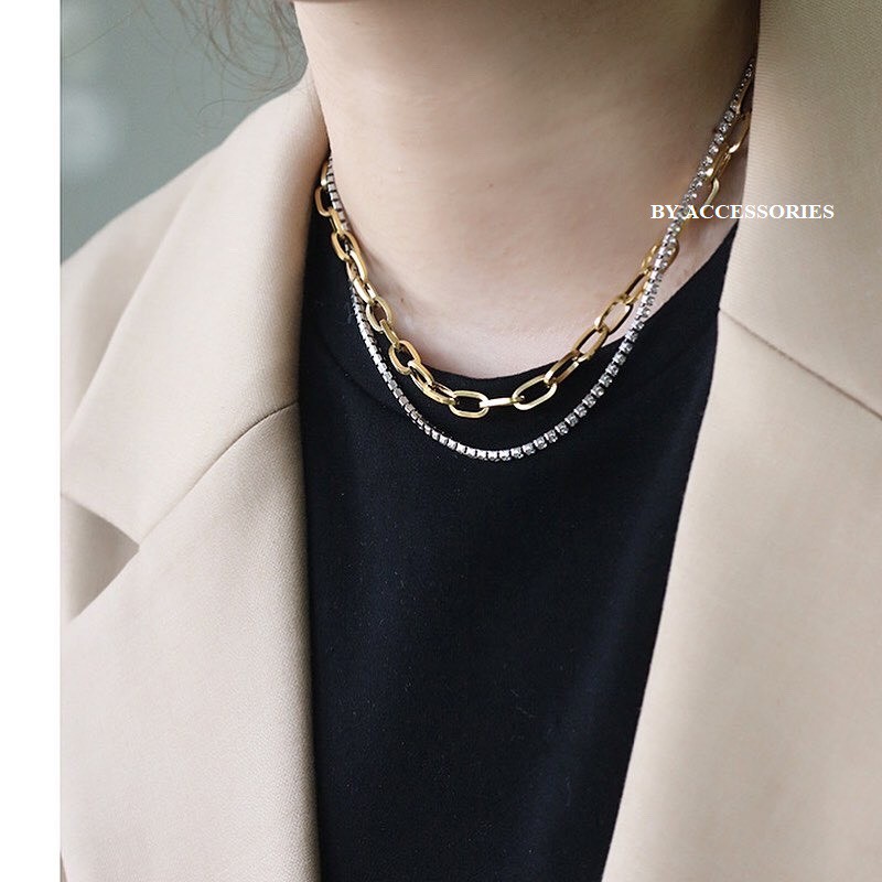 Choker titan xích bầu phối dây đá lấp lánh không gỉ