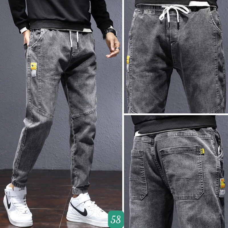 Quần Jeans Jogger Nam Chất Bò Rin Cao Cấp Xám Xanh Trơn Ống Bó Lưng Thun Co Giãn Basic T24