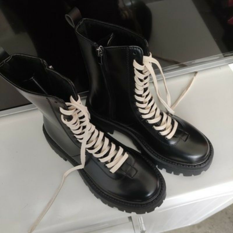 BOOT NỮ CAO. CỔ ĐẾ CAO CHẤT DA XỊN CÓ DÂY ĐEN VÀ TRẮNG / BOOTS CAO CỔ NỮ ĐẾ CAO DA XỊN