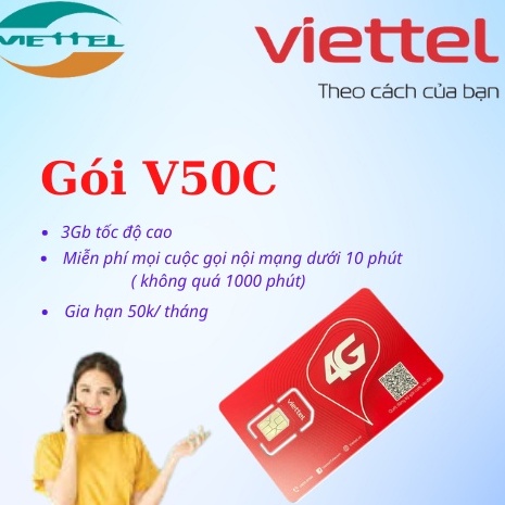 Sim 4G Viettel gói V70C Miễn Phí gọi nội mạng dưới 10 phút và 3GB tháng