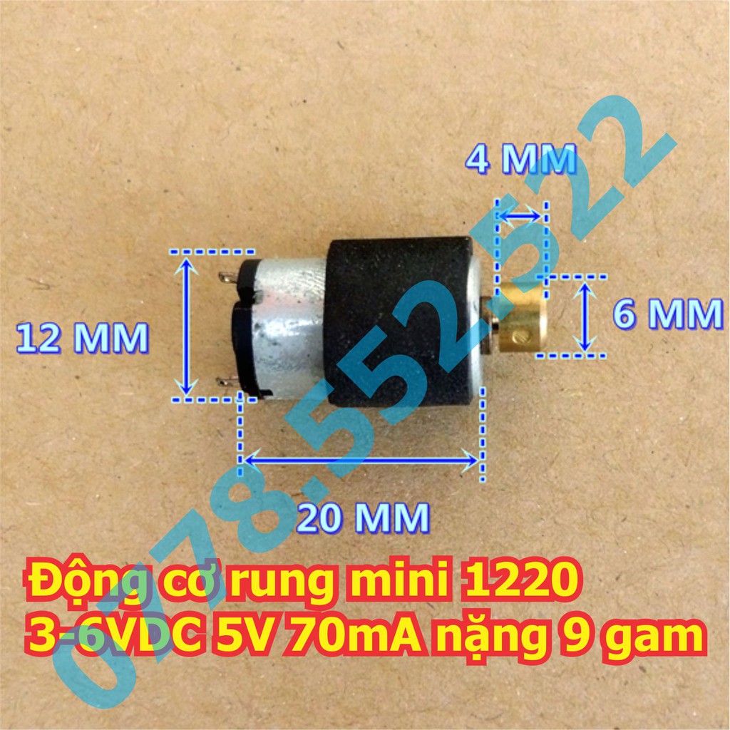 2 cái Động cơ rung mini 1220 3-6VDC phi 12mm, dài 20mm 5V 70mA nặng 9 gam kde5930