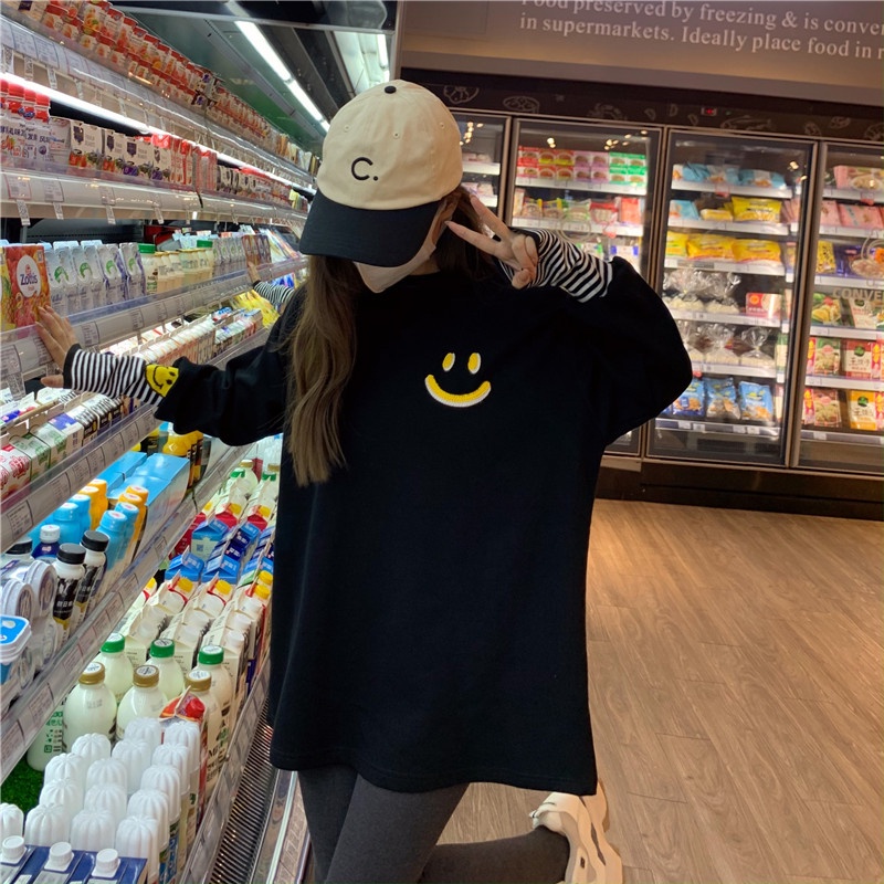 ZHELIHANGFEI Áo Thun Sweater Cổ Tròn Tay Dài In Hình Mặt Cười Dễ Phối Đồ