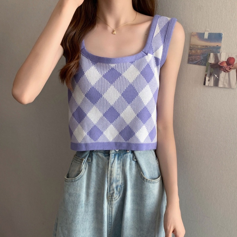 Brroa Áo Croptop Dệt Kim Không Tay Màu Sắc Tương Phản Họa Tiết Kim Cương Cổ Điển Thời Trang Mùa Hè Cho Nữ
