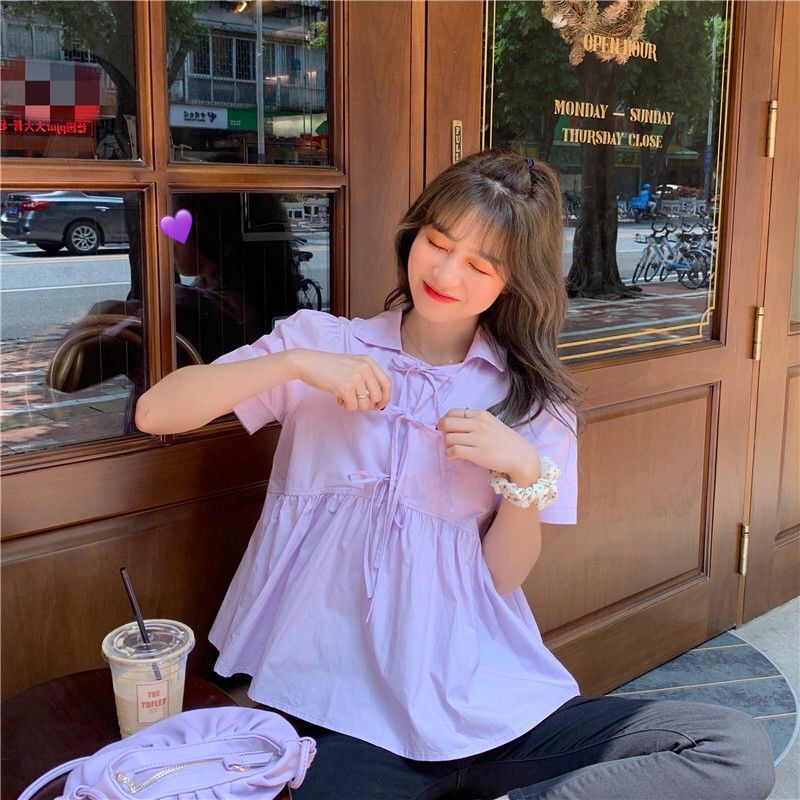 Áo Sơ Mi Tay Ngắn Dáng Rộng Màu Trơn Cột Nơ Dễ Thương Thời Trang Mùa Hè Cho Bạn Gái