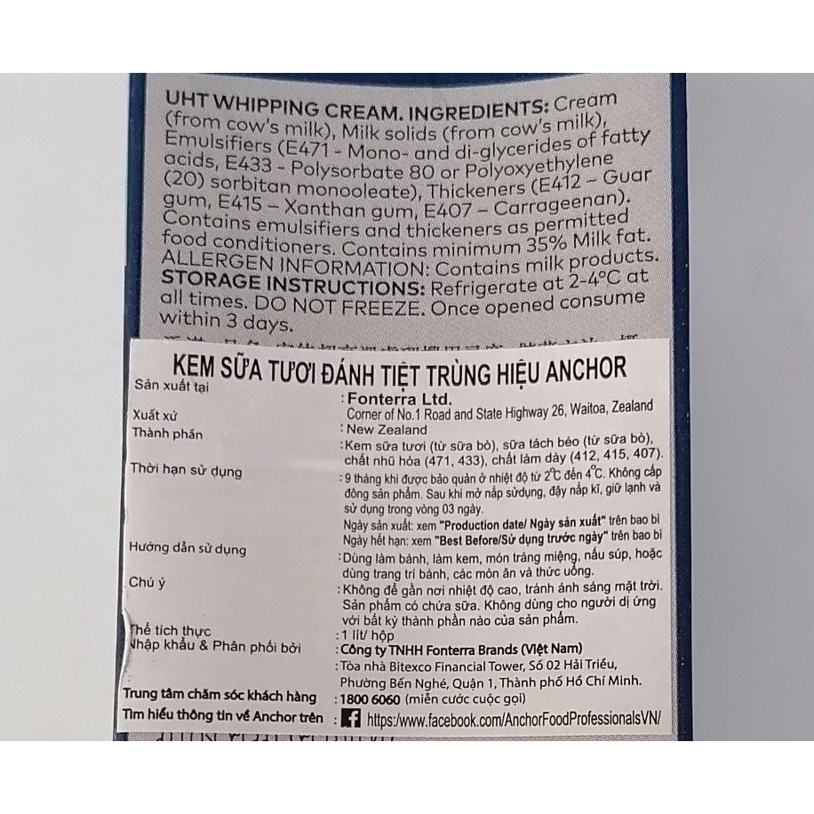 [Hộp lớn 1 Lít] KEM SỮA TƯƠI ĐÁNH TIỆT TRÙNG [New Zealand] ANCHOR Whipping Cream (halal) (nw0)