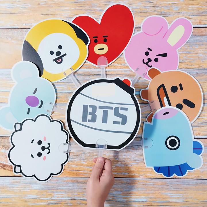 Combo đồ 8 món BTS hình dán sticker chữ kí nhẫn titan quạt chibi bookmark huy hiệu bút kéo quà tặng xinh xắn