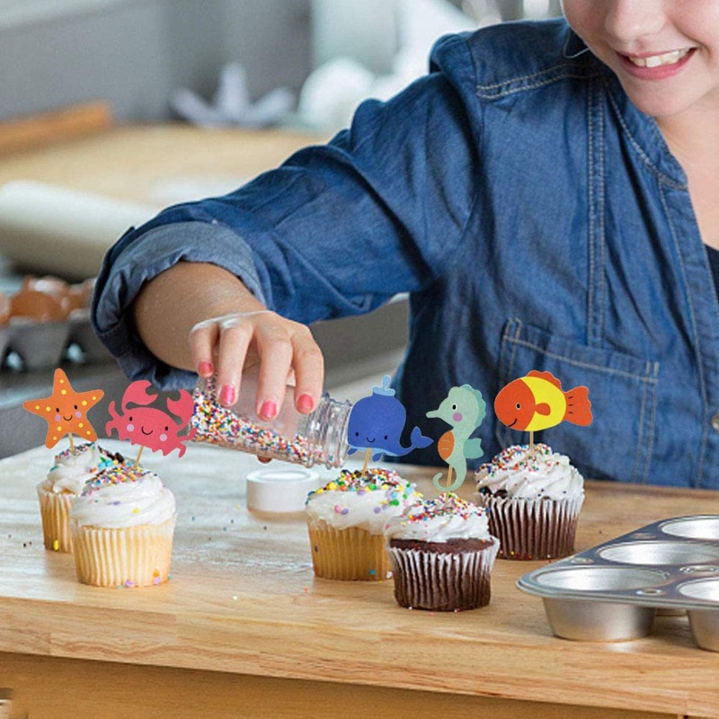 Bộ 24 Phụ Kiện Trang Trí Bánh cupcake Hình Sinh Nhật/Cá Ngựa/Sưa Biển/Cua