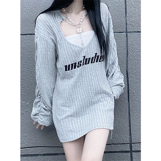 Áo đầm lửng tay dài form rộng (có bán lẻ) + áo ống phong cách đường phố ngọt ngào cá tính cho nữ