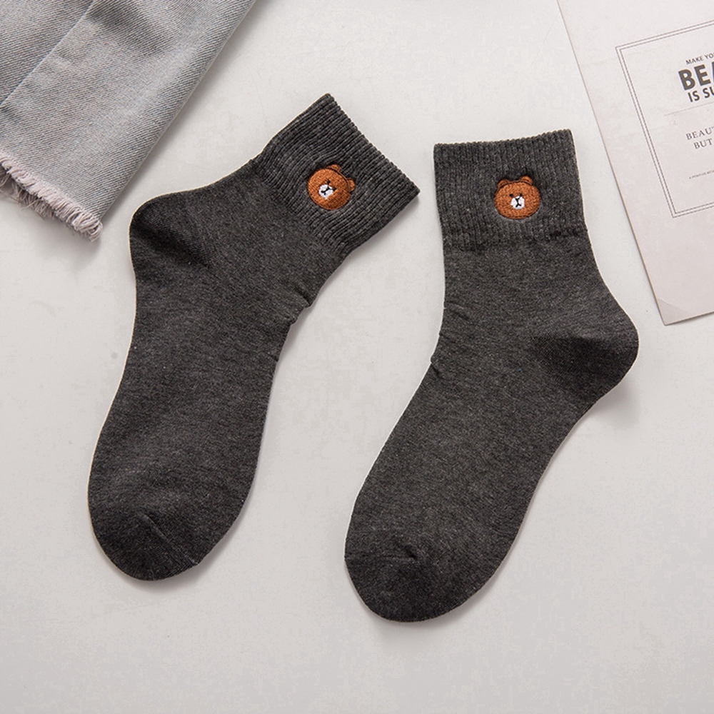 Vớ ống dài thêu hình gấu hoạt hình thời trang bằng vải cotton thoáng khí dành cho bạn nữ